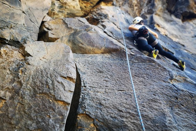 Rock climbing in natural space. - Reaching the volcanic walls of Barranco del Rey